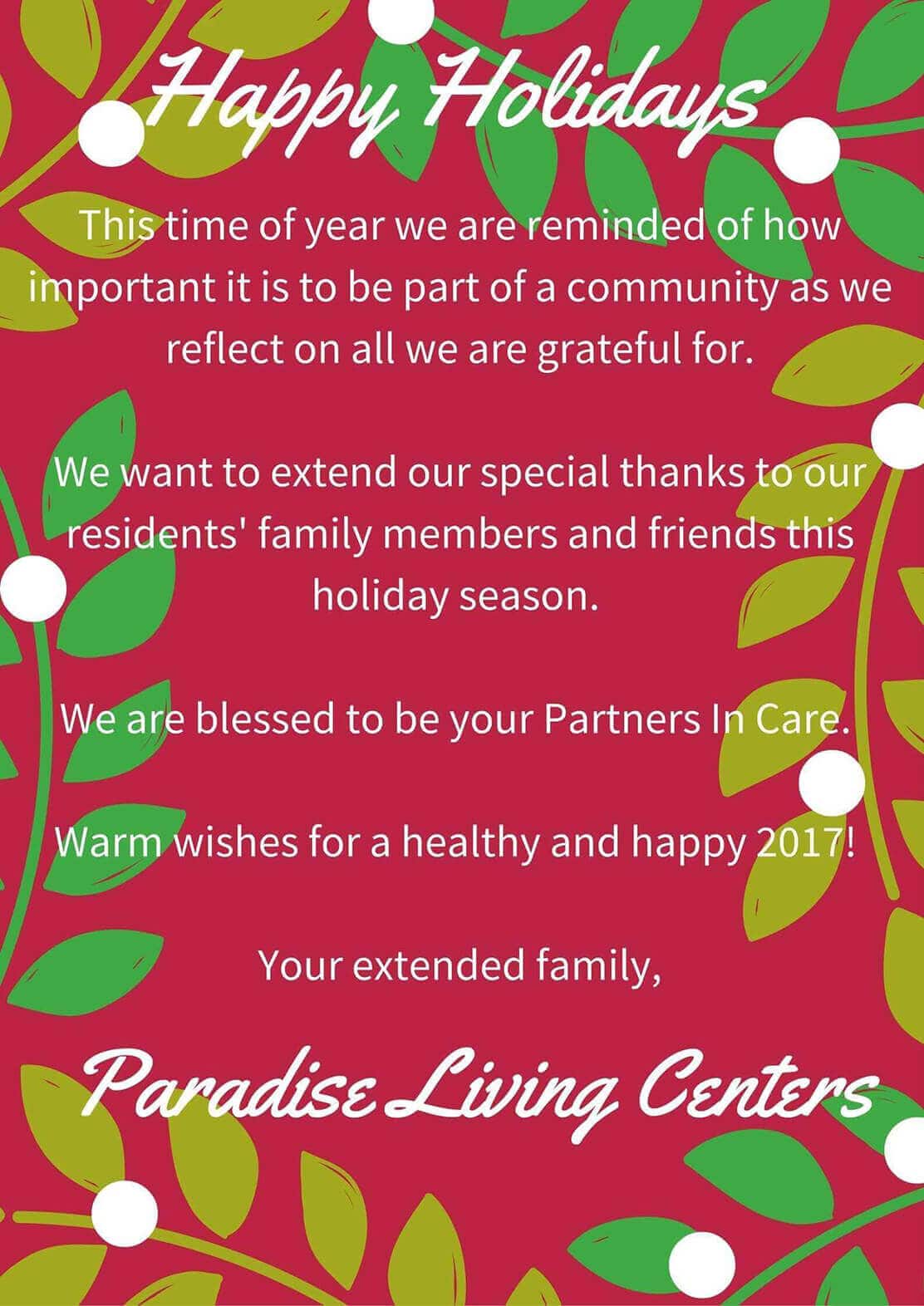 Season's Greetings from Paradise Living Centers